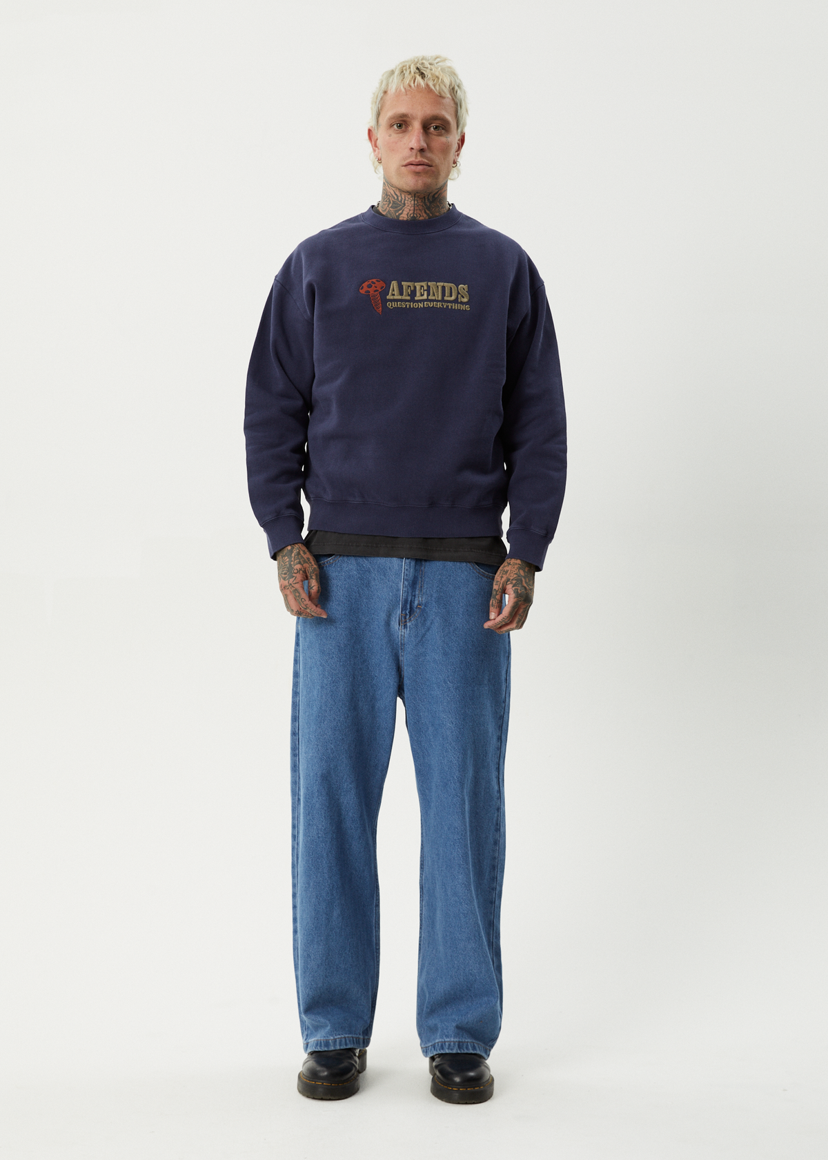 AFENDS Mens Nuts N Bolts - Crew Neck Jumper - Washed Deep Sea