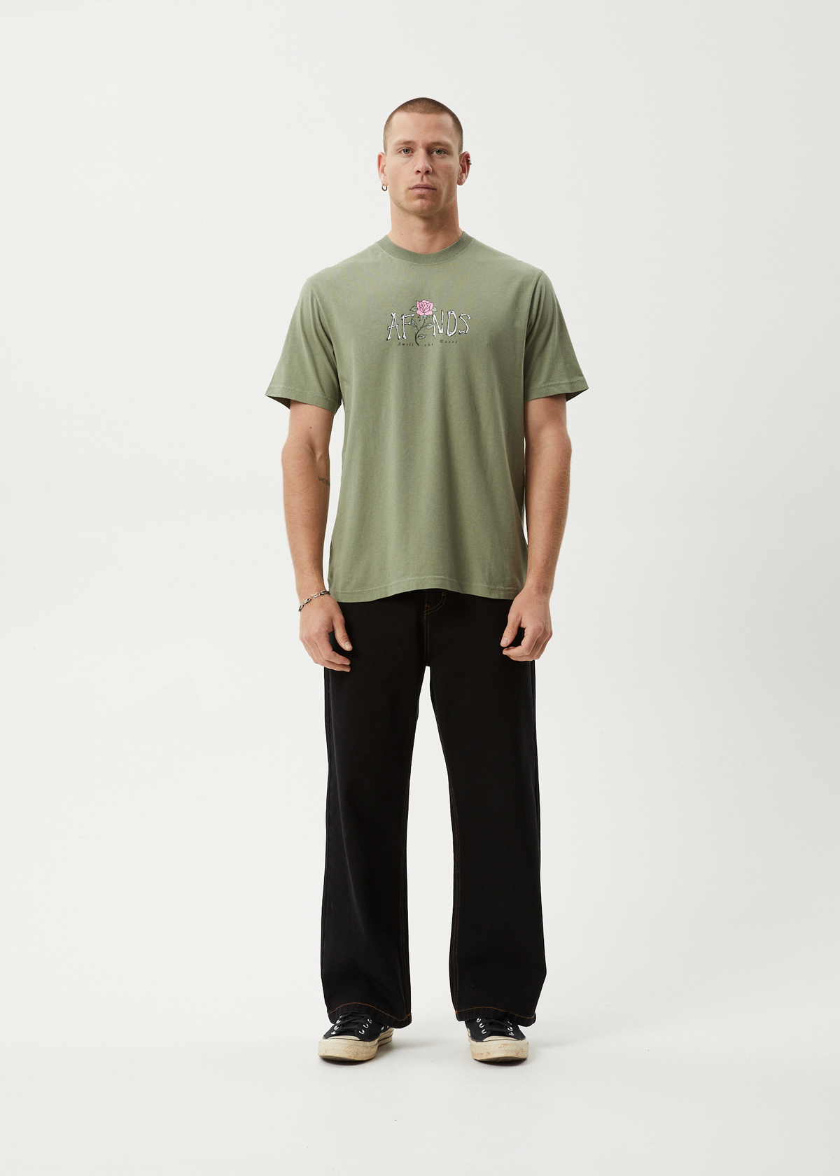 AFENDS Mens Smell The Roses - Retro Tee - Oil Green