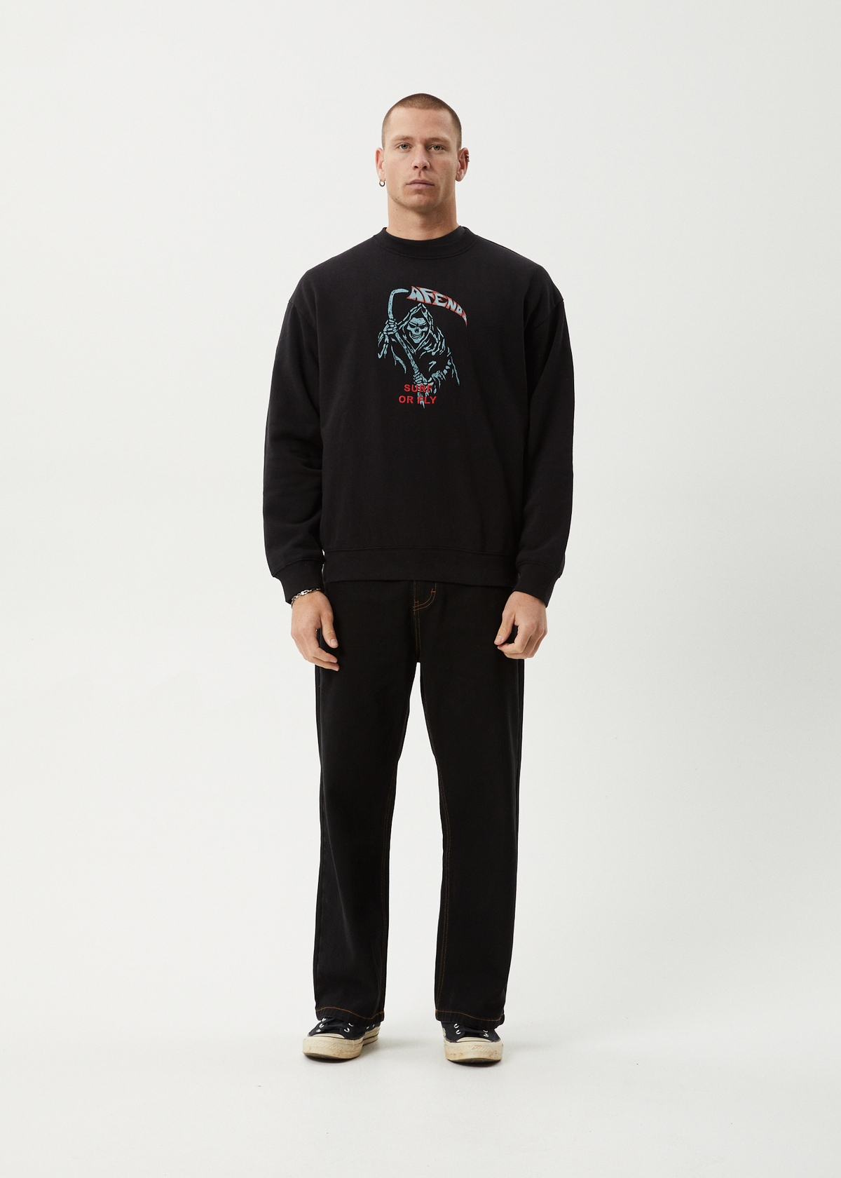 AFENDS Mens Surf Or Fly - Crew Neck Jumper - Black