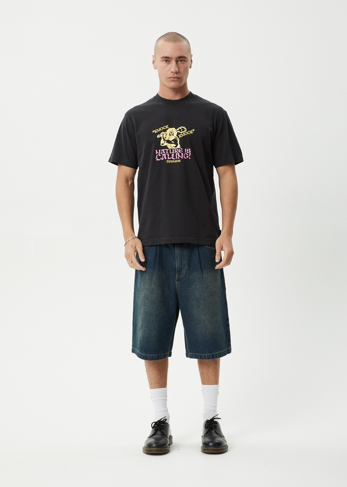 AFENDS Mens Knock Knock - Retro Tee - Stone Black