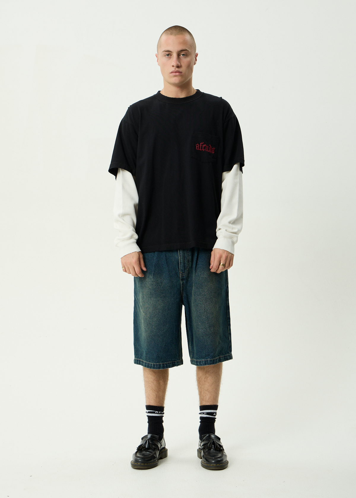 AFENDS Mens Drop Zone - Layered Waffle Long Sleeve Tee - Stone Black