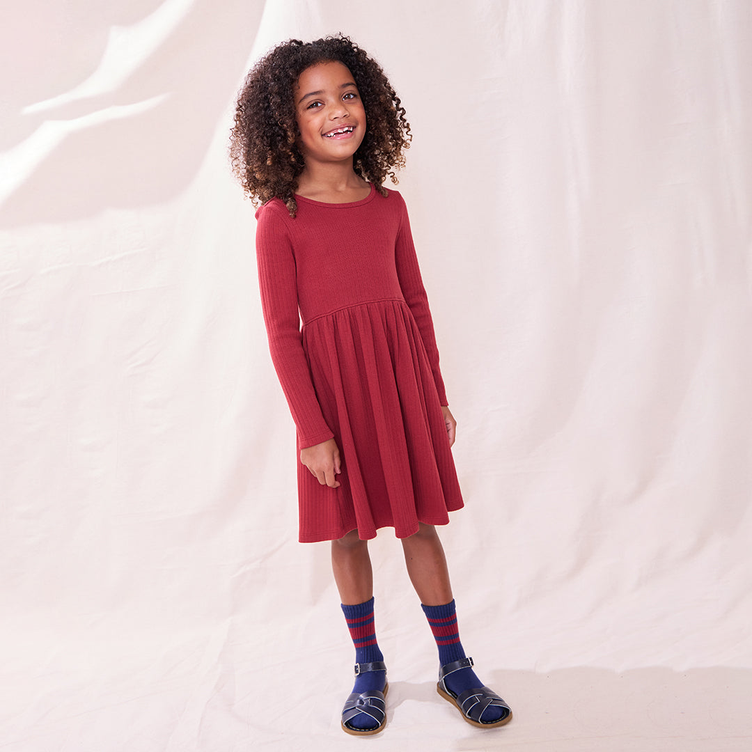 Sunny Long Sleeve Rib Dress - Dark Red