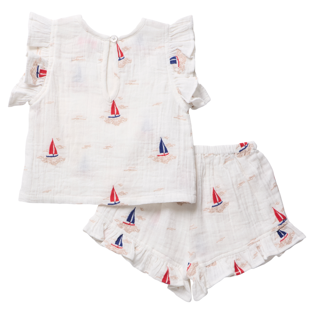 Girls Roey 2-PC Set - Sailboat Embroidery