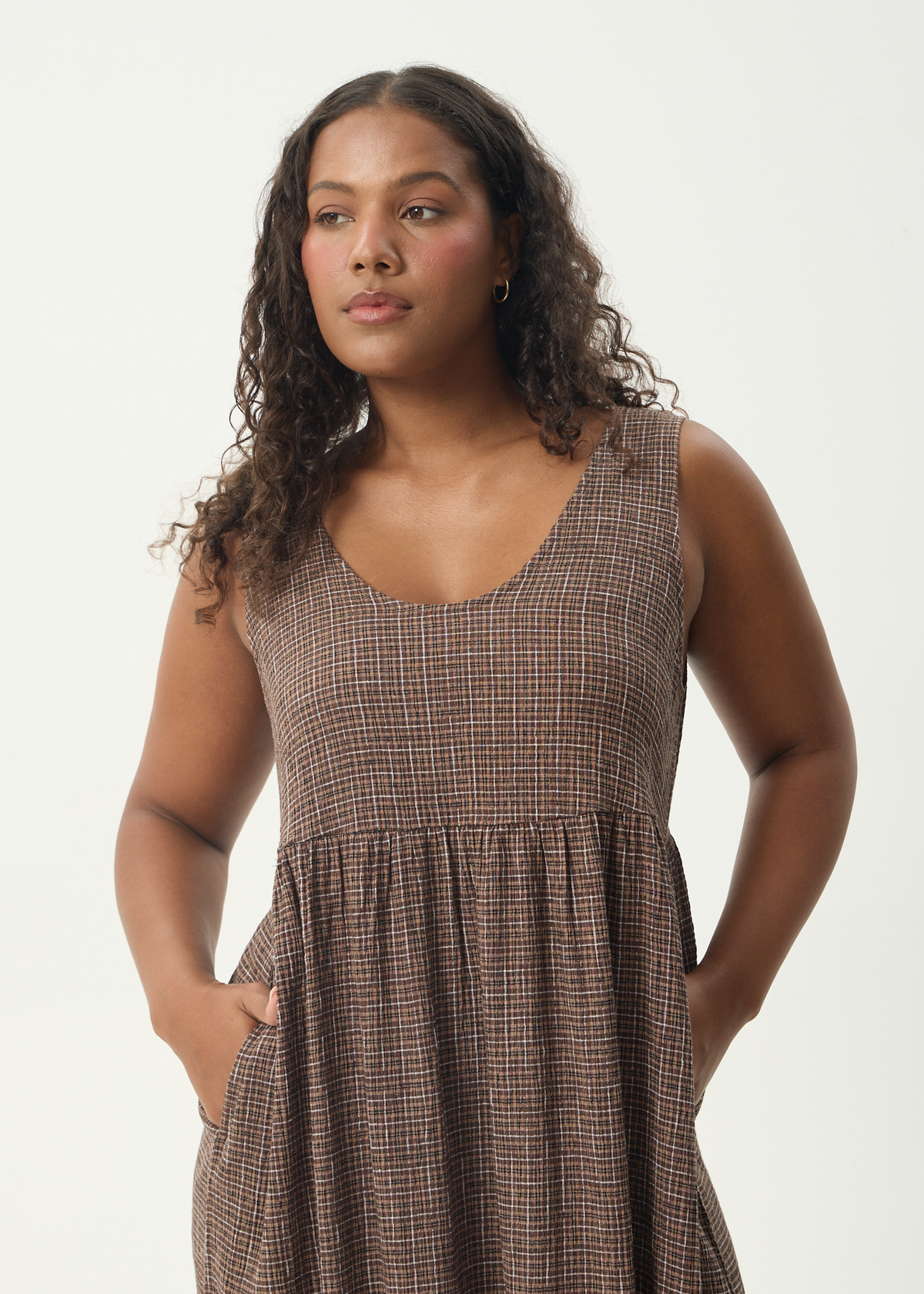 AFENDS Womens Hometown Leo - Seersucker Midi Dress - Coffee