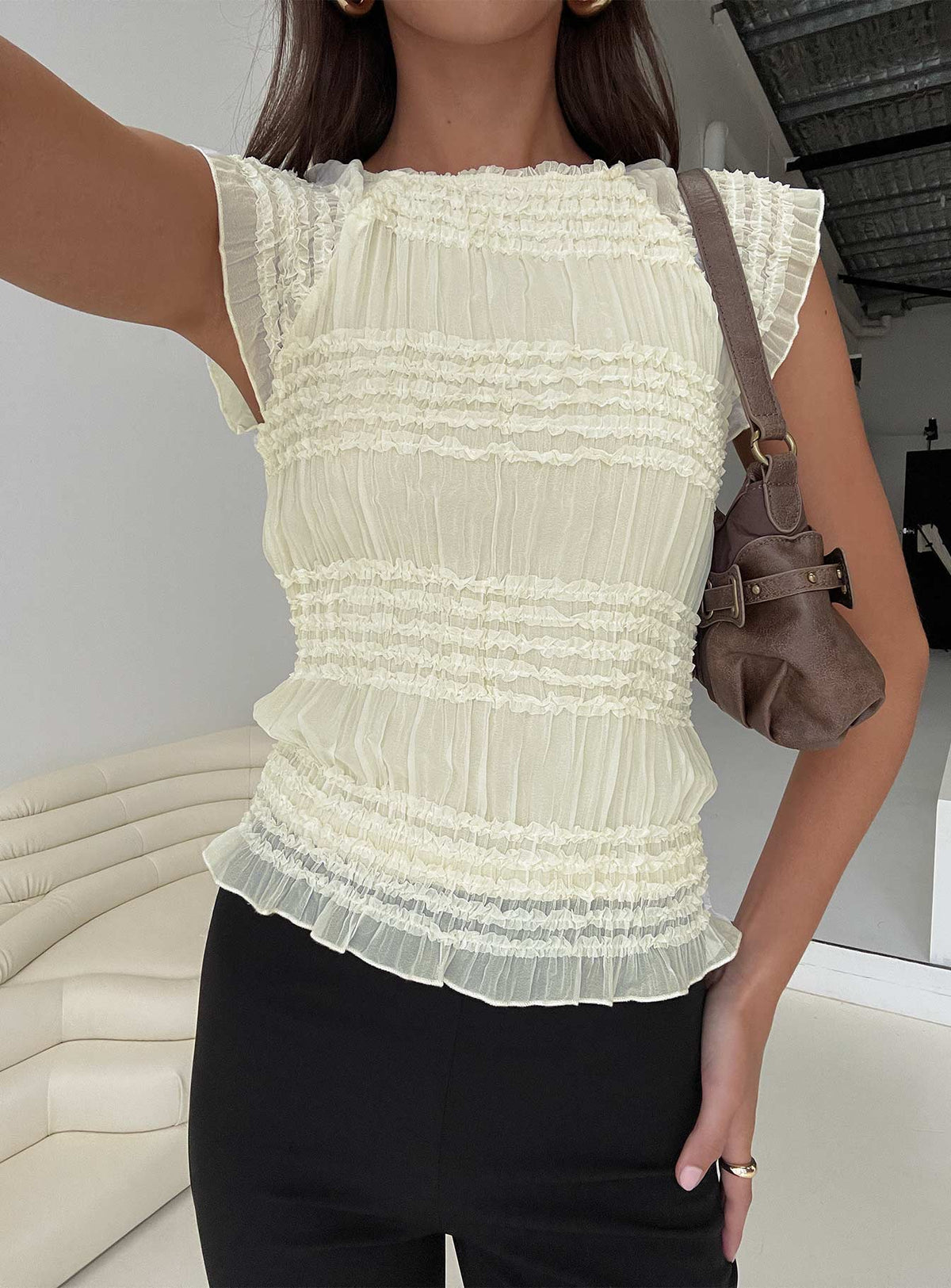 Talyn Cap Sleeve Frill Top Cream
