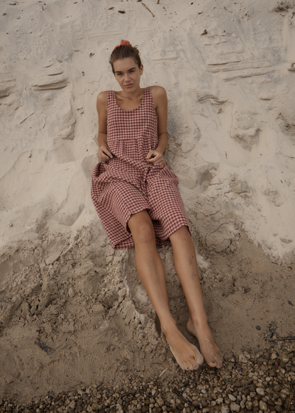 AFENDS Womens Capricorn - Seersucker Midi Dress - Burgundy / Beige Check