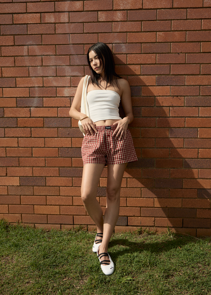 AFENDS Womens Austin - Check Boxer Short - Red Rum