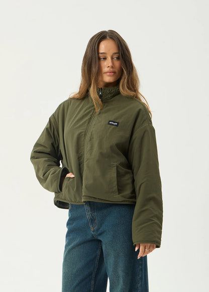 AFENDS Womens Berlin - Reversible Polar Fleece Jacket - Deep Olive