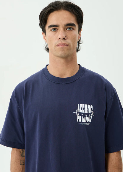 AFENDS Mens Bad Dog - Heavyweight Boxy Tee - Washed Deep Sea