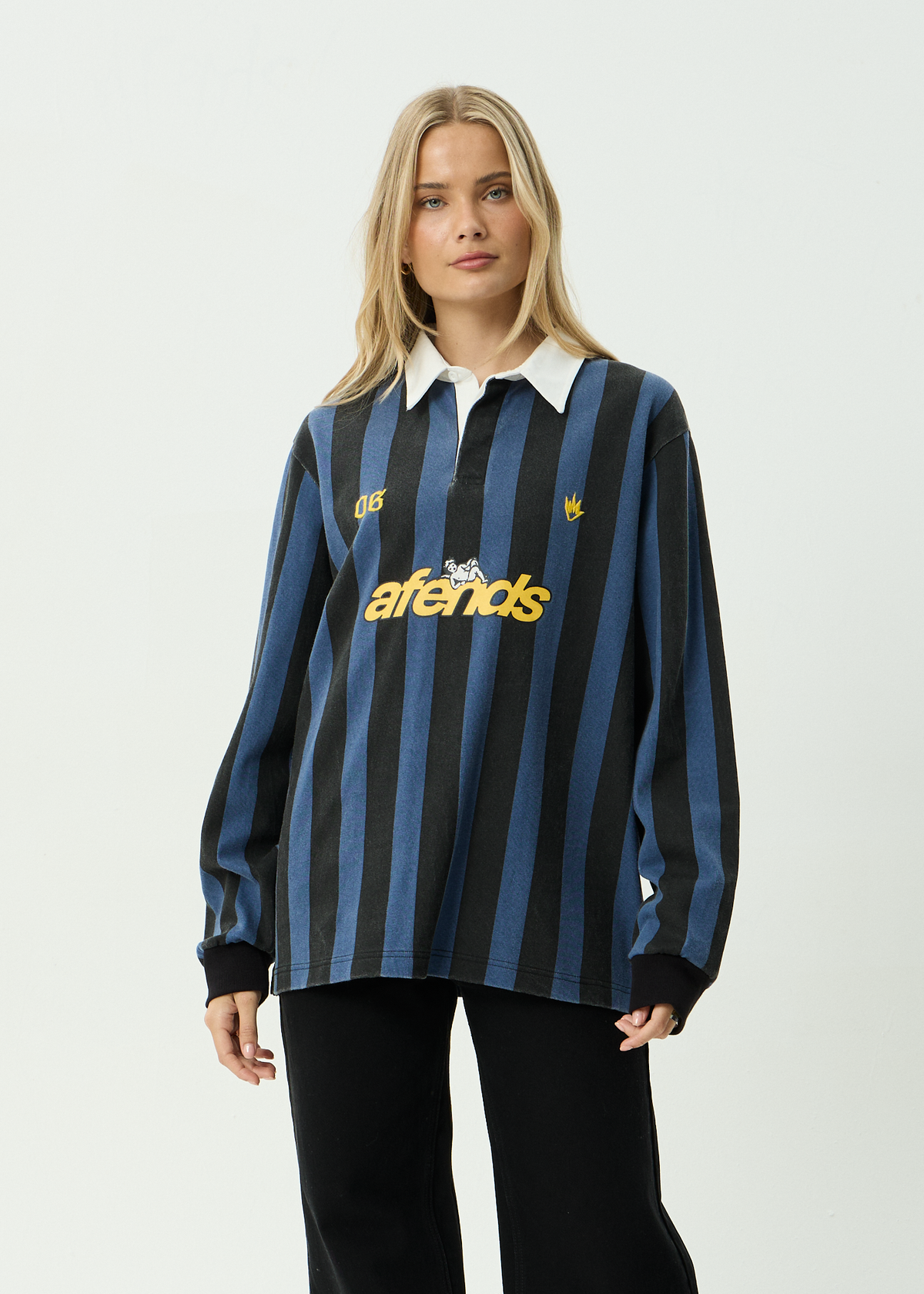 AFENDS Mens Angel Boy - Rugby Long Sleeve Tee - Black Stripe