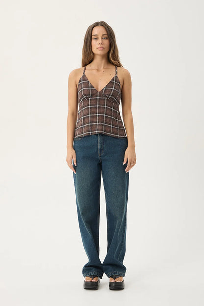AFENDS Womens Reverie - Seersucker Strappy Top - Coffee Check