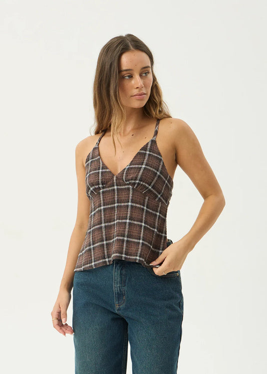AFENDS Womens Reverie - Seersucker Strappy Top - Coffee Check