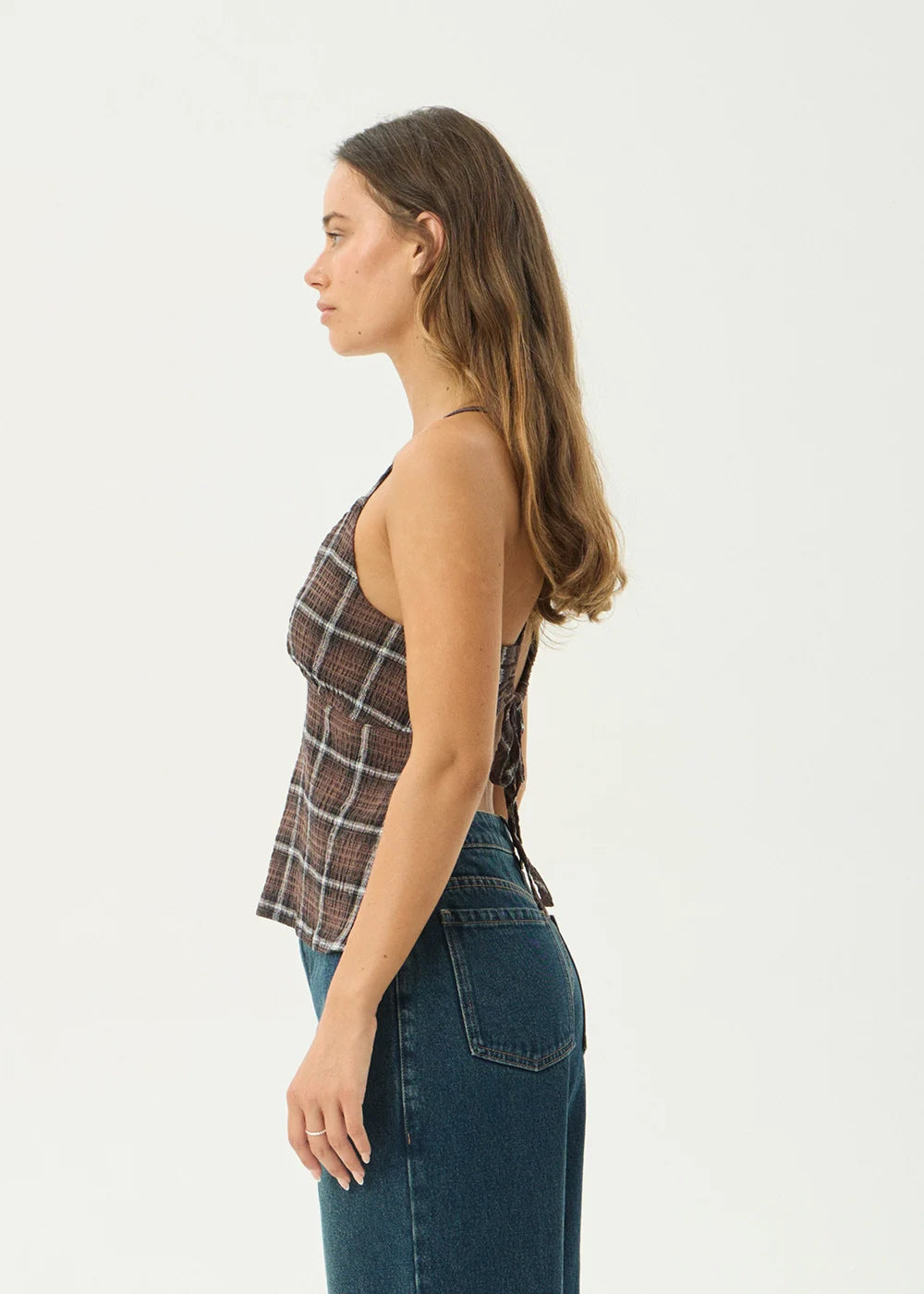 AFENDS Womens Reverie - Seersucker Strappy Top - Coffee Check