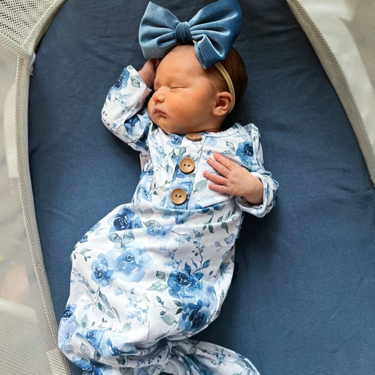 Bailey's Blue Floral Newborn Baby Knot Gown & Hat Set