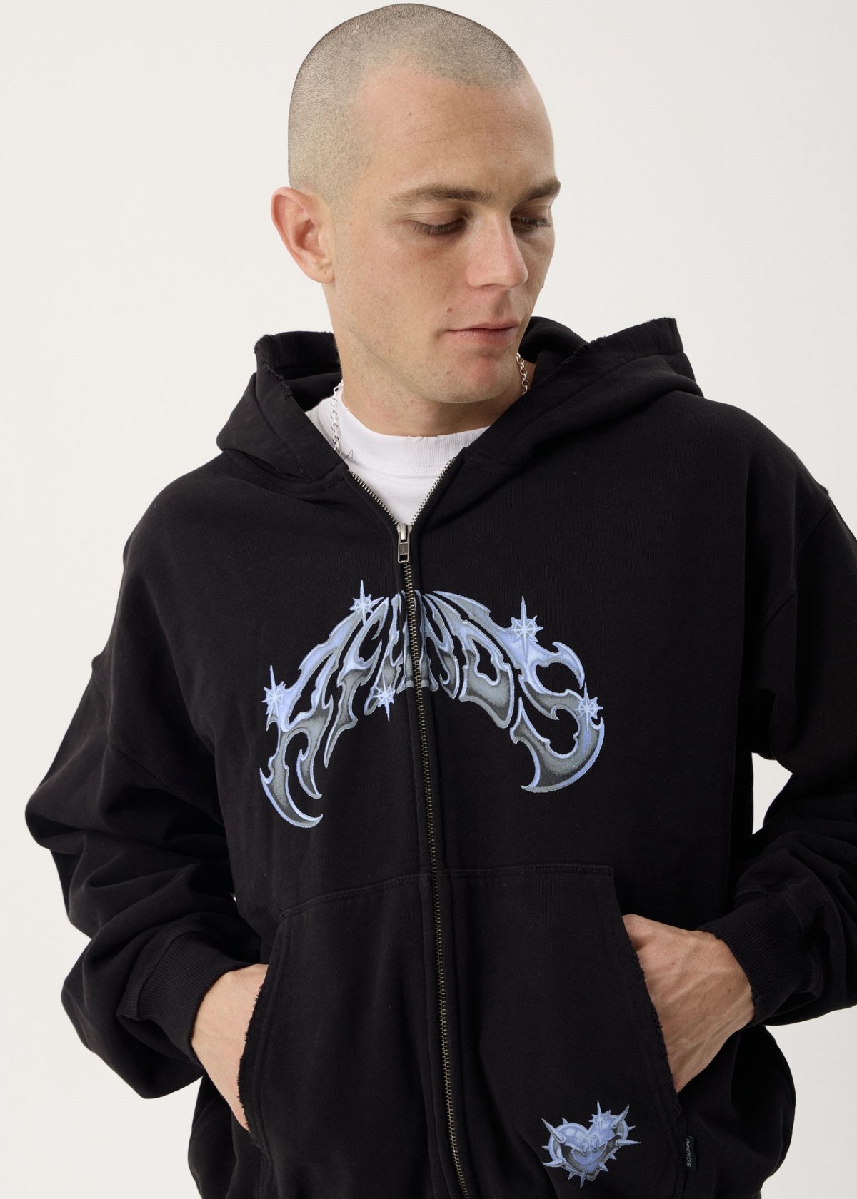 AFENDS Mens Scorpius - Distressed Boxy Zip Hood - Stone Black