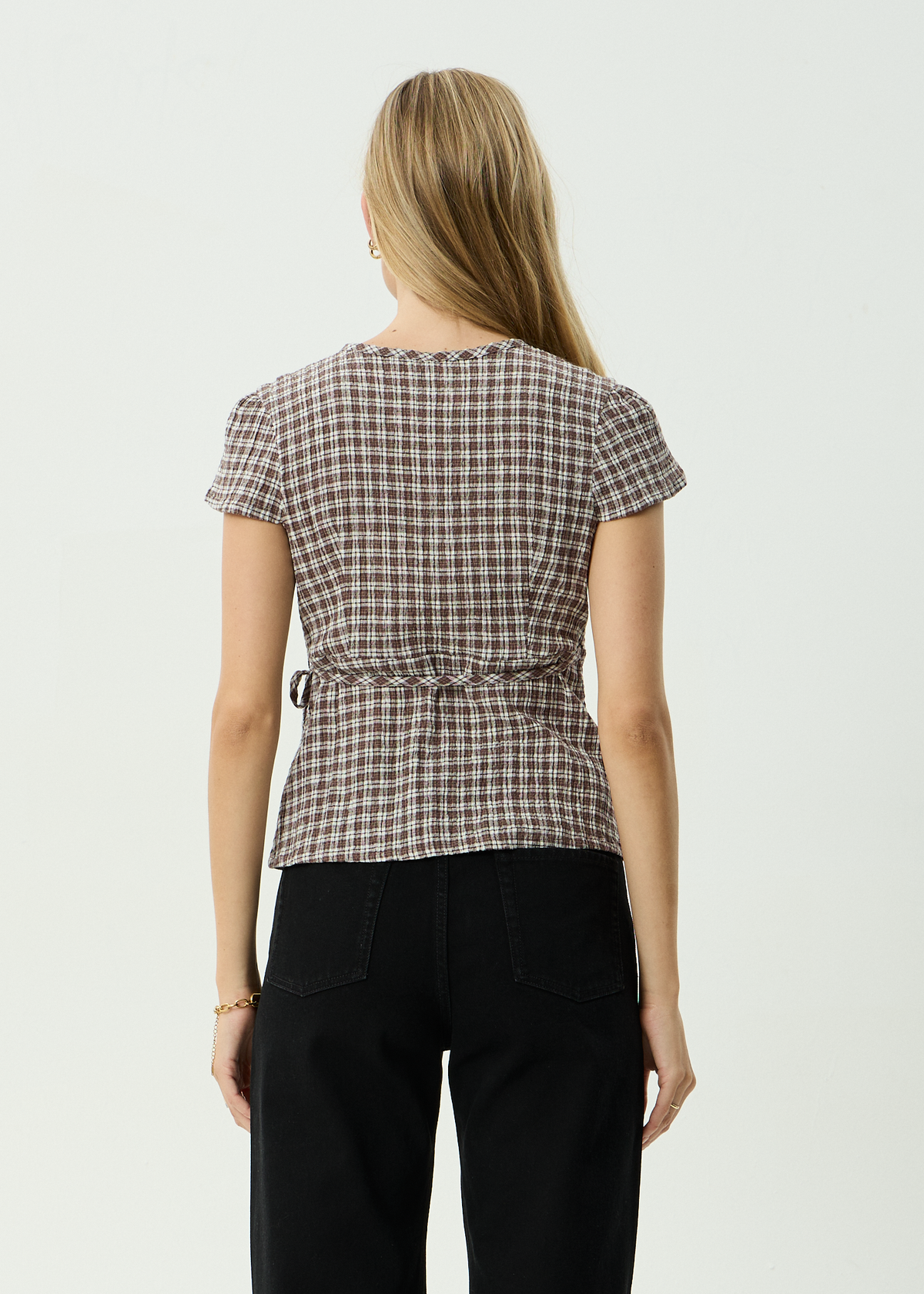 AFENDS Womens Loula - Seersucker Wrap Top - Coffee Check