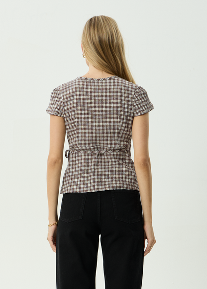 AFENDS Womens Loula - Seersucker Wrap Top - Coffee Check