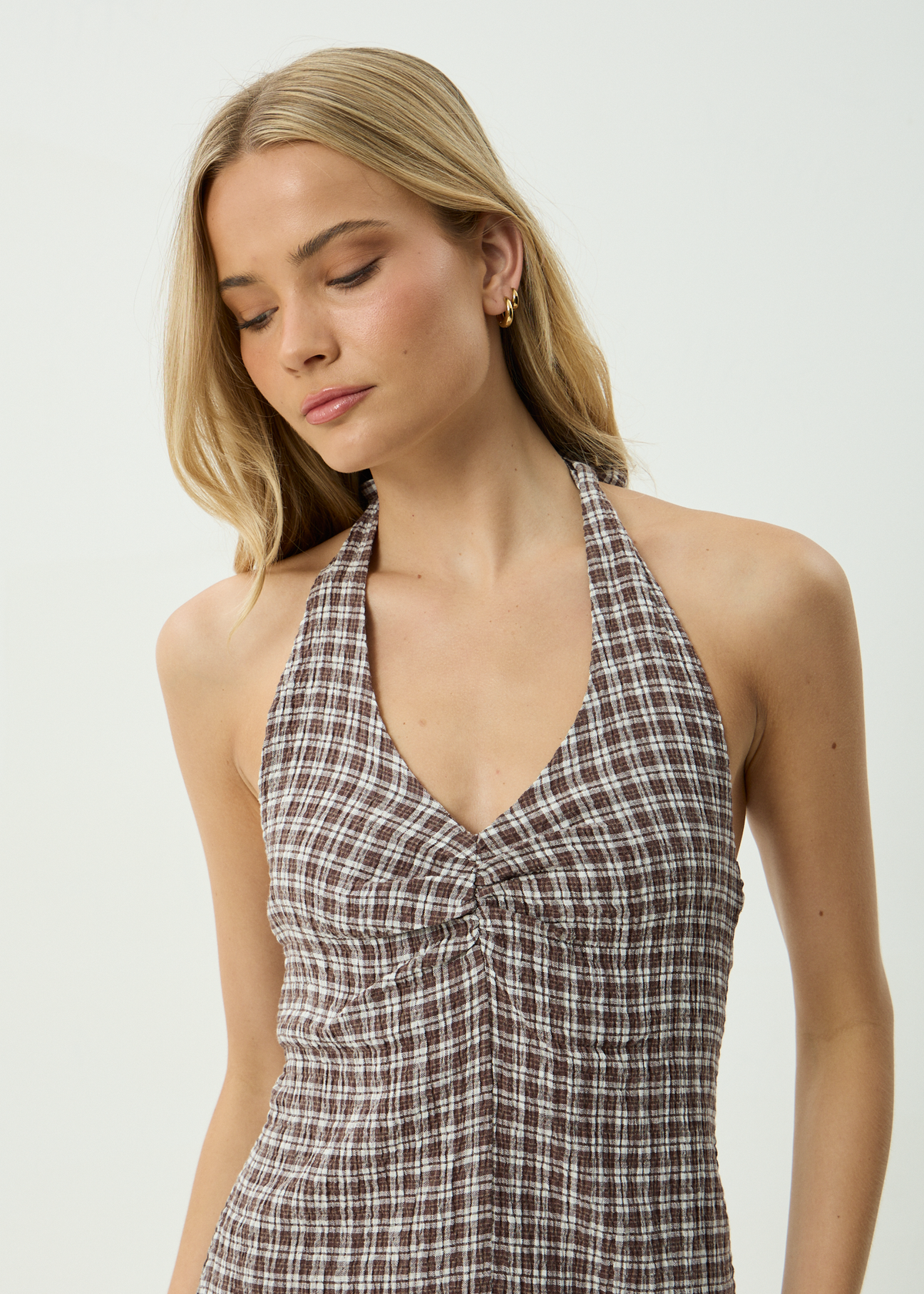 AFENDS Womens Montana - Seersucker Halter Mini Dress - Coffee Check