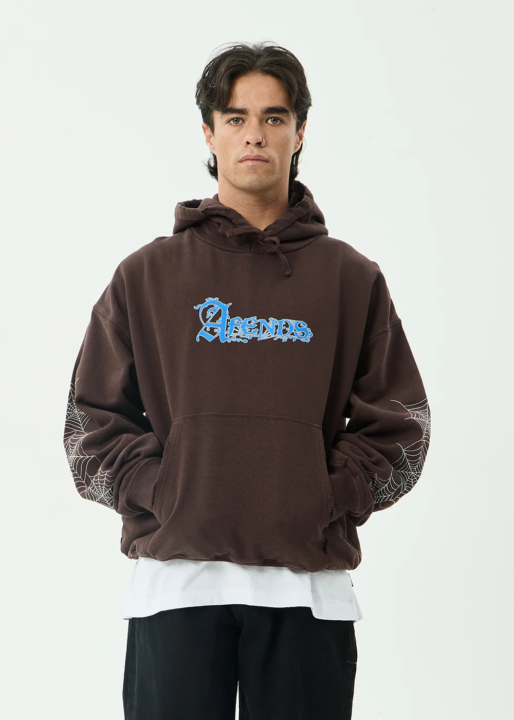 AFENDS Mens Labyrinth - Boxy Pull On Hood - Washed Coffee