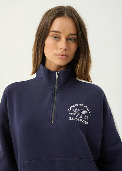 AFENDS Womens Community Garden - Quarter Zip Jumper - Washed Deep Sea