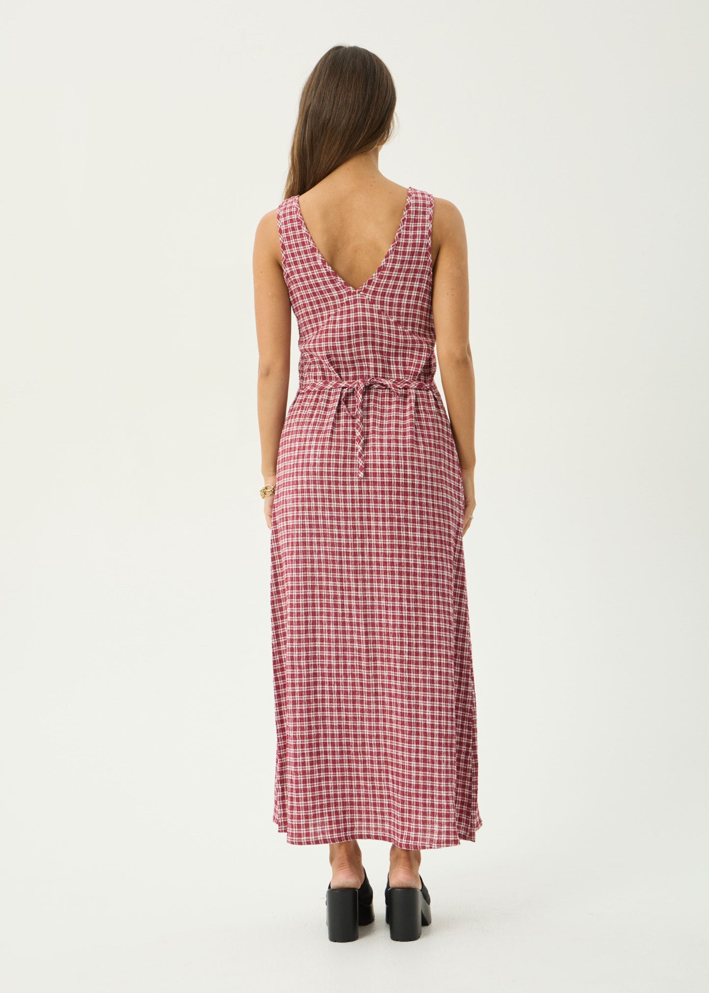 AFENDS Womens Tully - Seersucker Maxi Dress - Base Burgundy Check