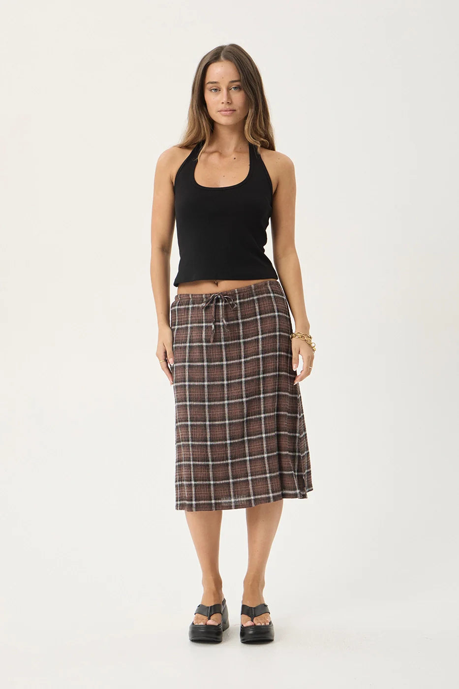 AFENDS Womens Reverie - Seersucker Midi Skirt - Coffee Check