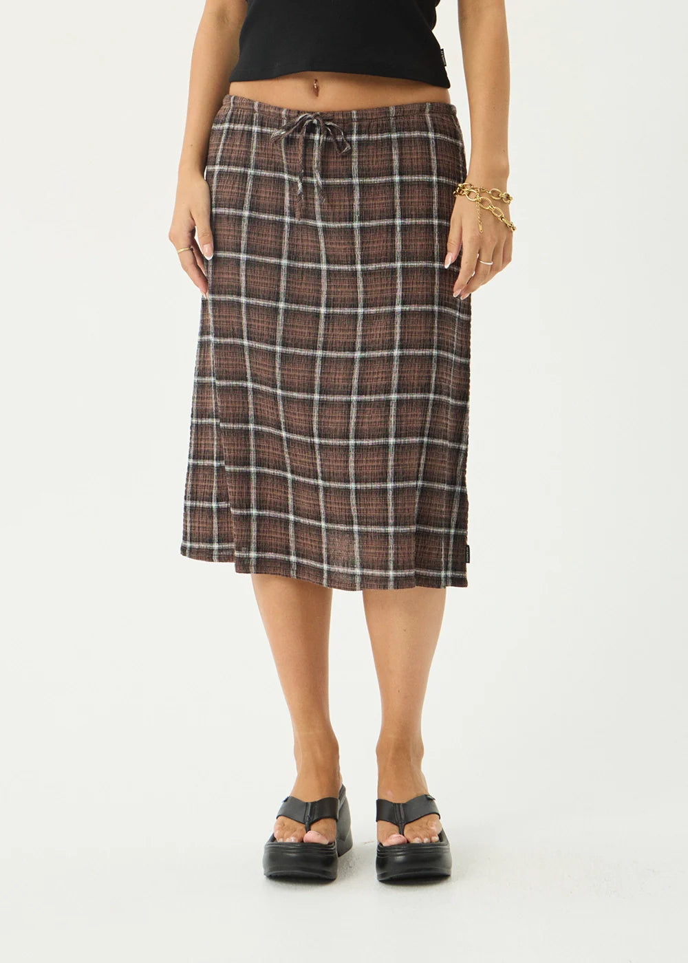 AFENDS Womens Reverie - Seersucker Midi Skirt - Coffee Check
