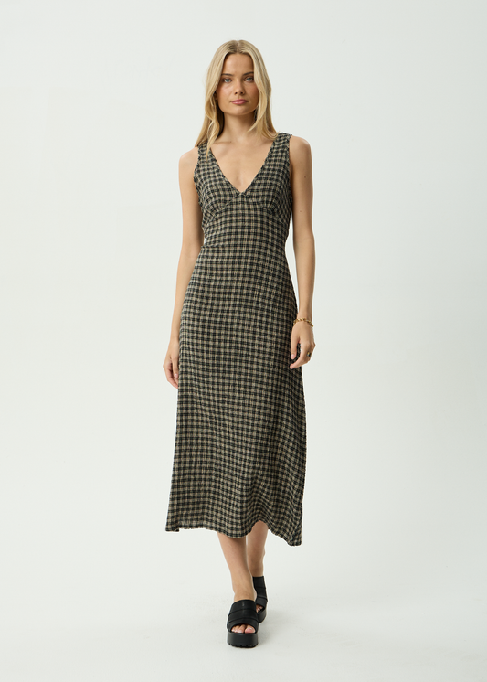 AFENDS Womens Tully - Seersucker Maxi Dress - Tan / Olive Check