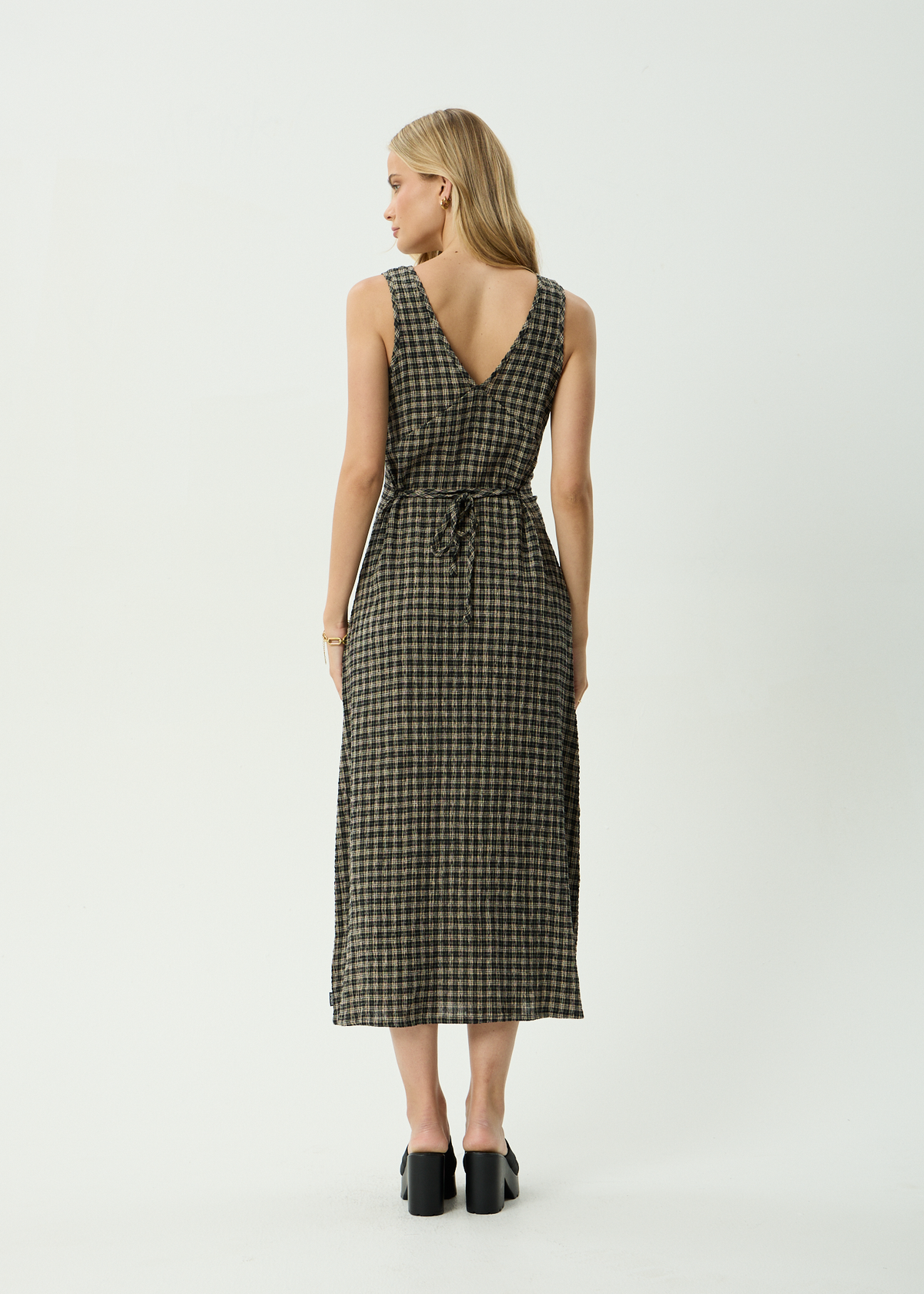 AFENDS Womens Tully - Seersucker Maxi Dress - Tan / Olive Check