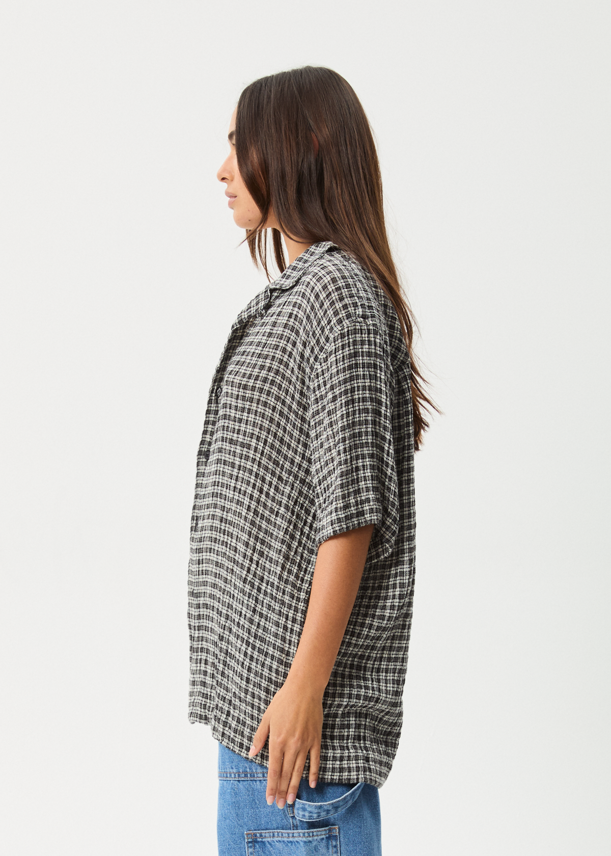 AFENDS Mens Asta - Seersucker Cuban Shirt - Steel Check