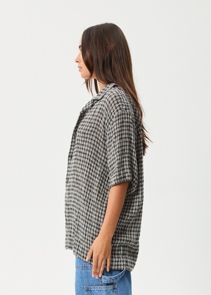 AFENDS Mens Asta - Seersucker Cuban Shirt - Steel Check