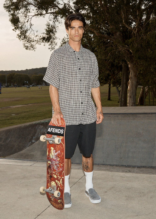 AFENDS Mens Asta - Seersucker Cuban Shirt - Steel Check