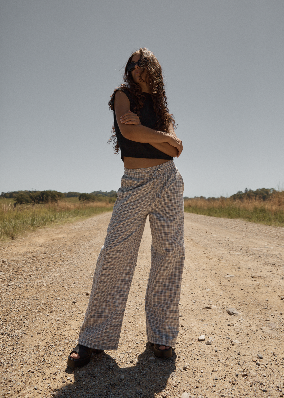AFENDS Womens Drew - Seersucker Wide Leg Pant - Taupe Check