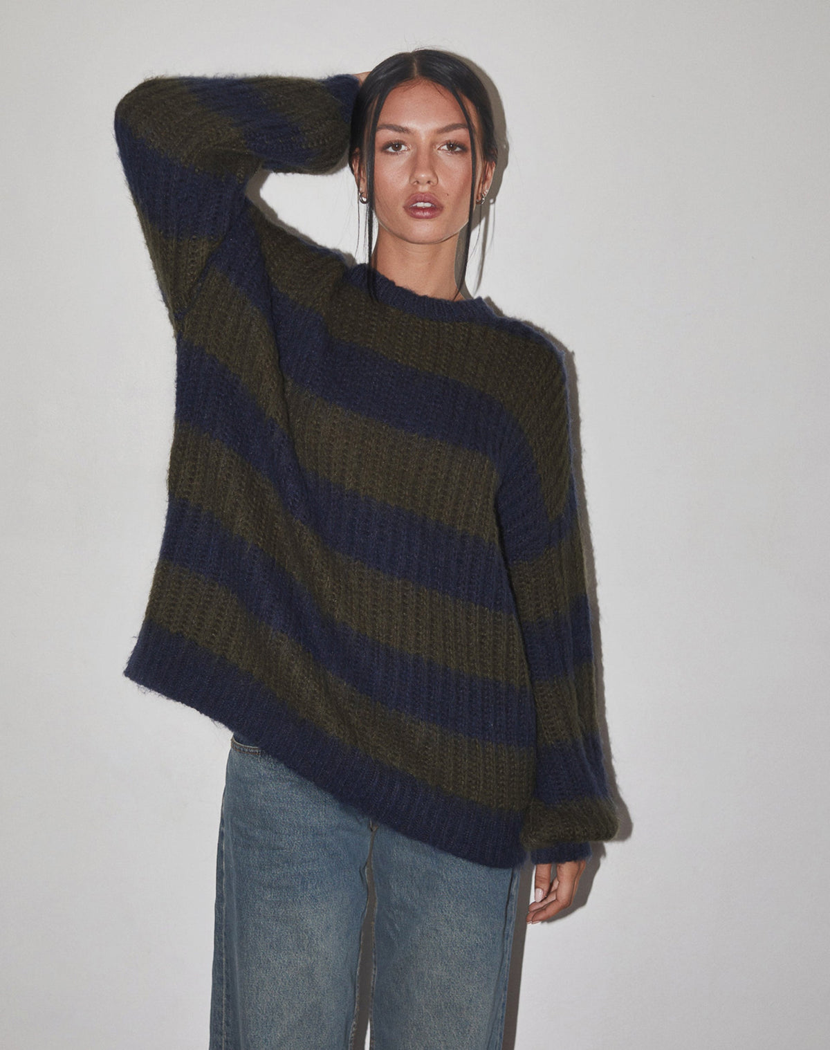 Daren Knitted Oversized Jumper in Khaki and Navy Blue Stripe