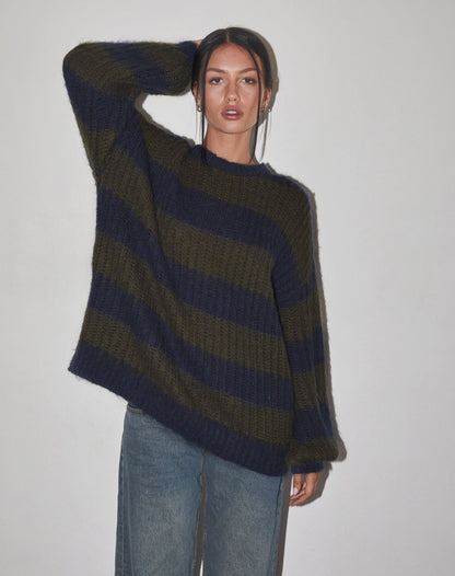 Daren Knitted Oversized Jumper in Khaki and Navy Blue Stripe
