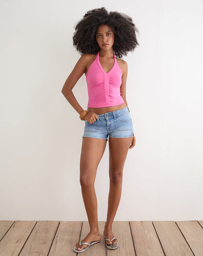 Delyn Ruched Plunge Top in Deep Pink