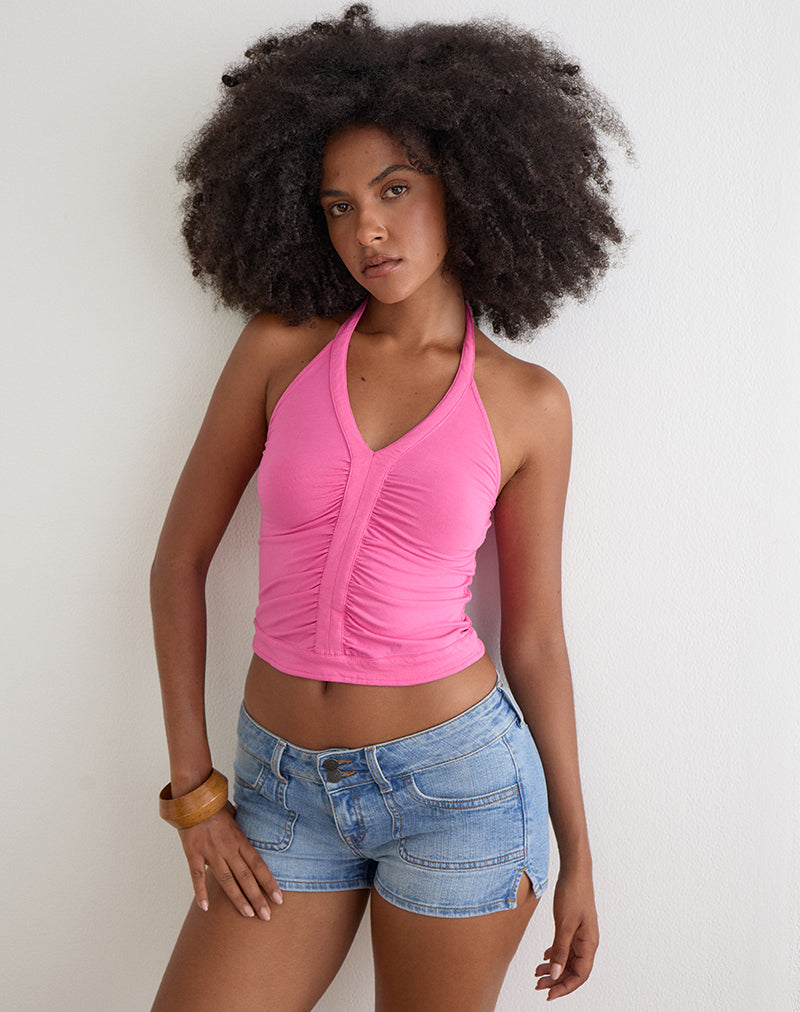 Delyn Ruched Plunge Top in Deep Pink
