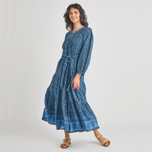 Womens Pintuck Indira Dress - Stellar Blue Garden Floral
