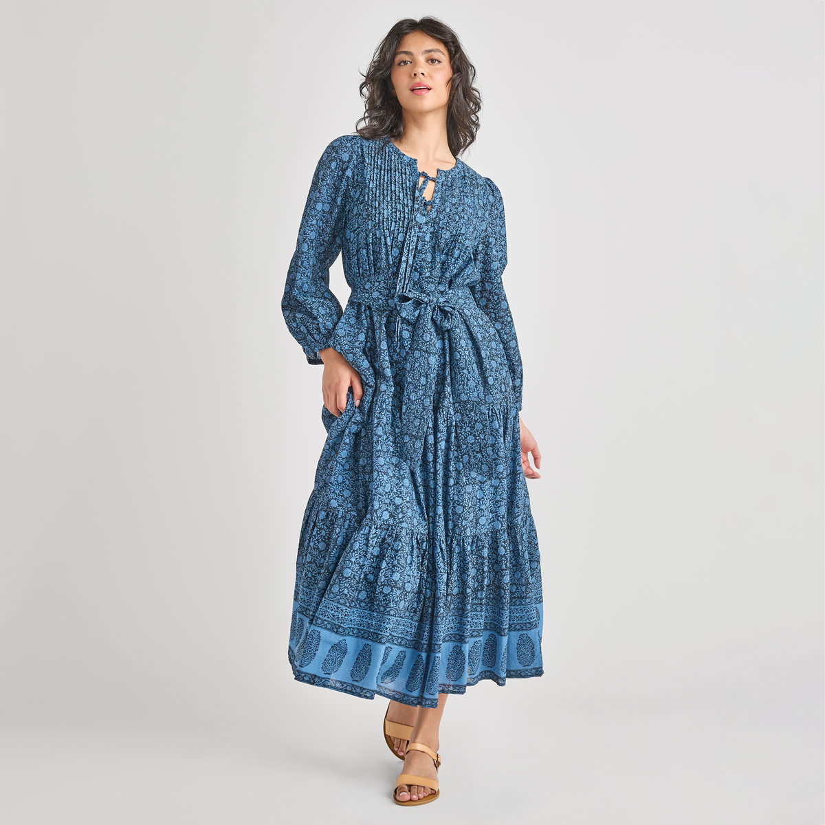 Womens Pintuck Indira Dress - Stellar Blue Garden Floral
