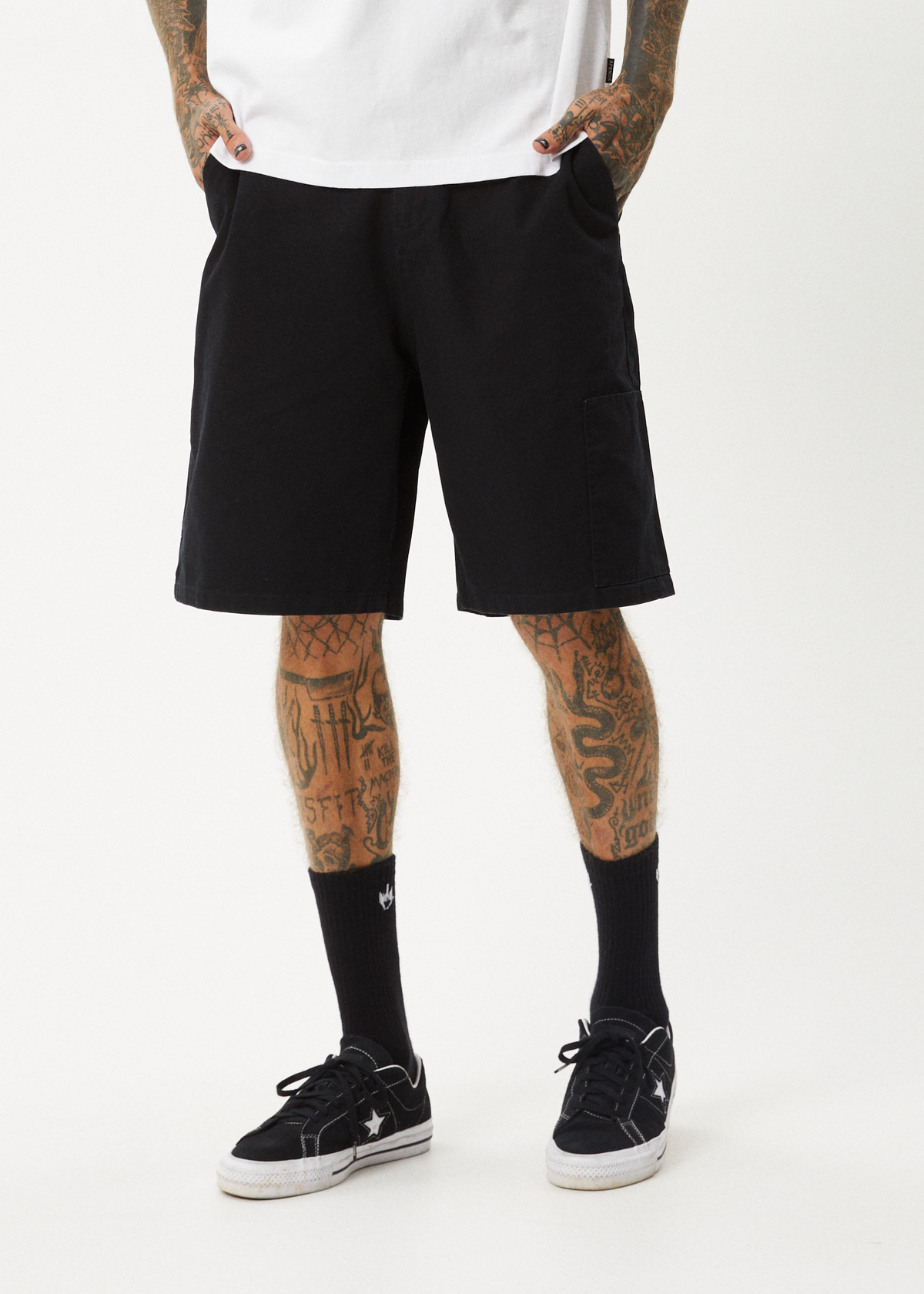 AFENDS Mens Harper - Canvas Workwear Short 22" - Black