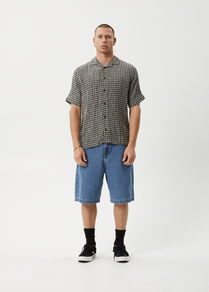 AFENDS Mens Asta - Seersucker Cuban Shirt - Steel Check