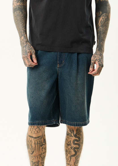 AFENDS Mens Fast Forward - Denim Ultra Baggy Pleated Short 24" - Vintage Wash