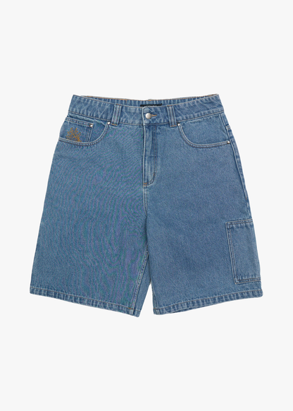 AFENDS Mens Scorched Harper - Denim Baggy Workwear Short 22" - Worn Blue