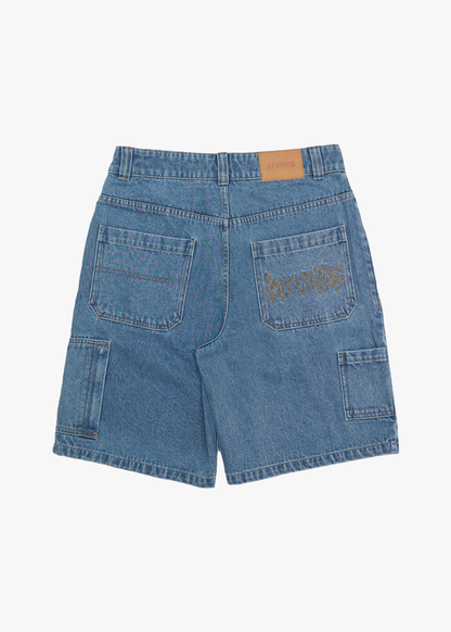 AFENDS Mens Scorched Harper - Denim Baggy Workwear Short 22" - Worn Blue