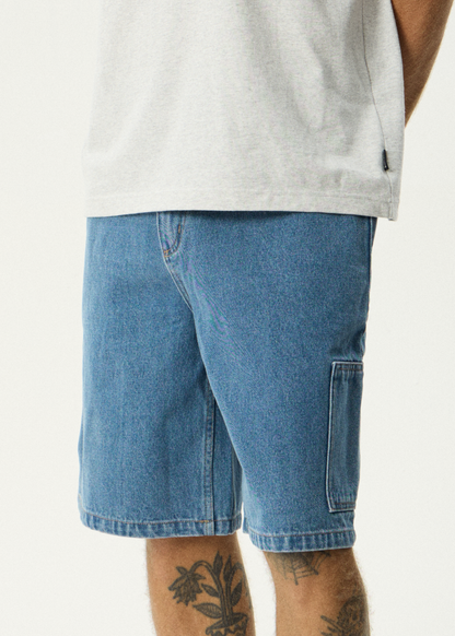 AFENDS Mens Scorched Harper - Denim Baggy Workwear Short 22" - Worn Blue