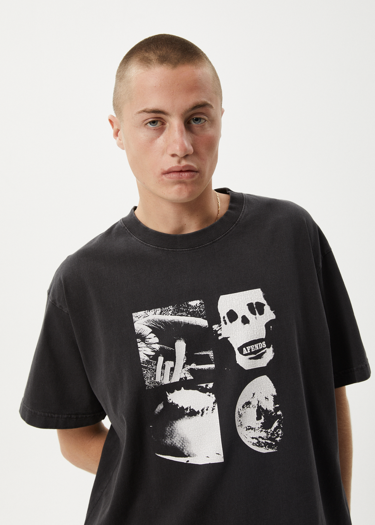 AFENDS Mens New And Clear - Heavyweight Boxy Tee - Stone Black