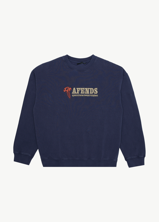 AFENDS Mens Nuts N Bolts - Crew Neck Jumper - Washed Deep Sea