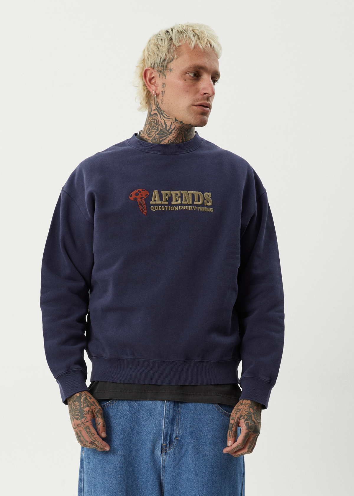 AFENDS Mens Nuts N Bolts - Crew Neck Jumper - Washed Deep Sea