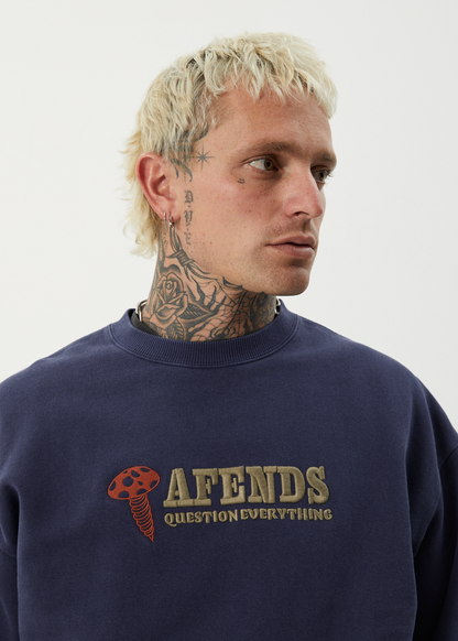 AFENDS Mens Nuts N Bolts - Crew Neck Jumper - Washed Deep Sea