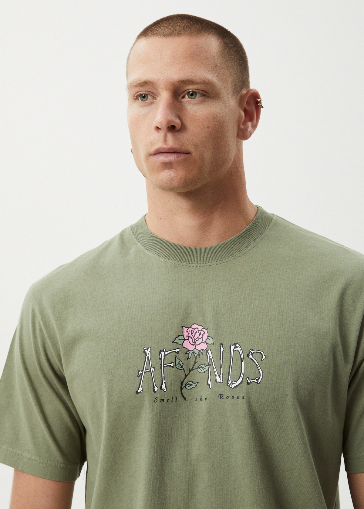 AFENDS Mens Smell The Roses - Retro Tee - Oil Green